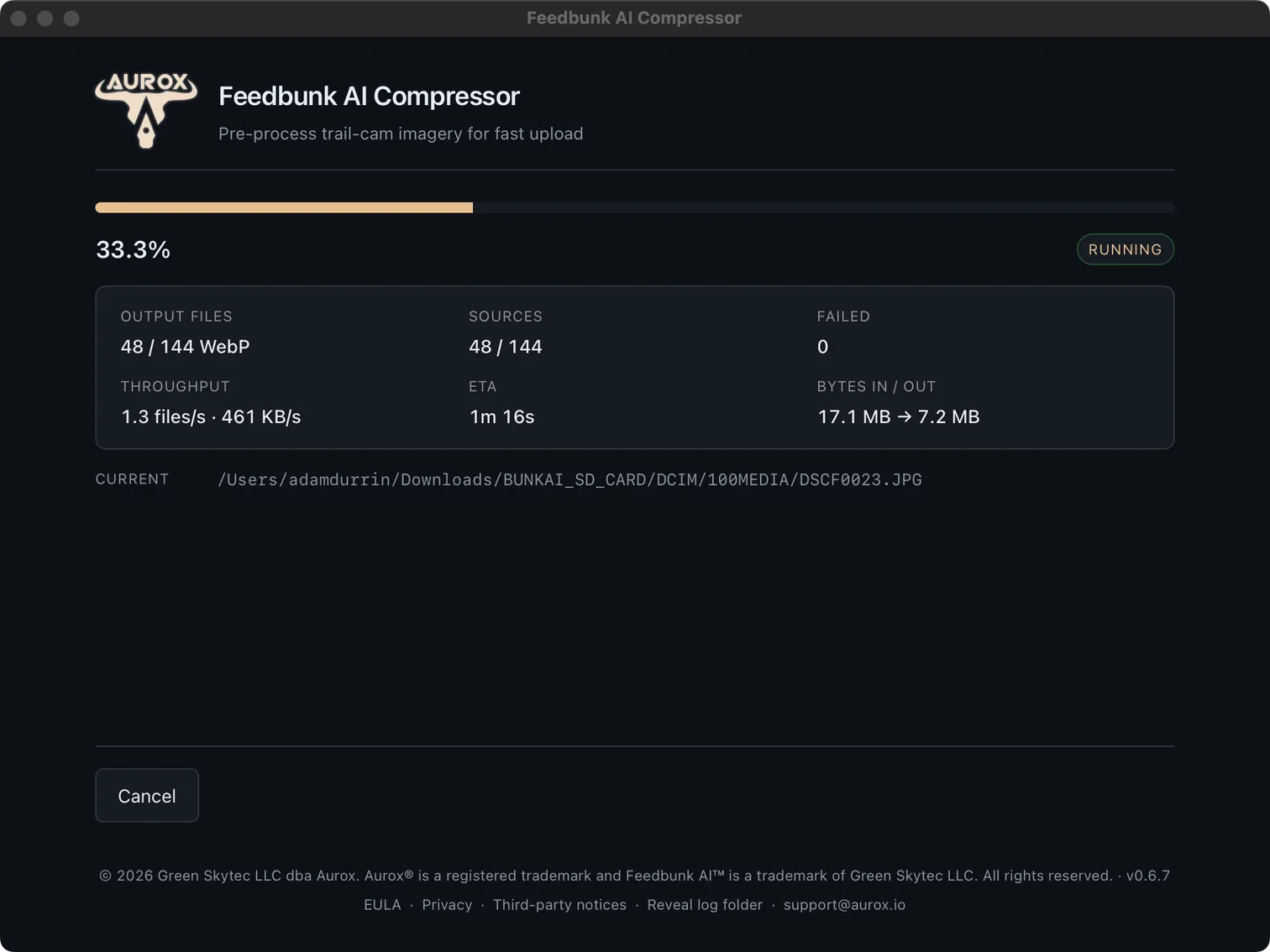 Desktop app compressing photos at 33 percent with live throughput and time-remaining stats