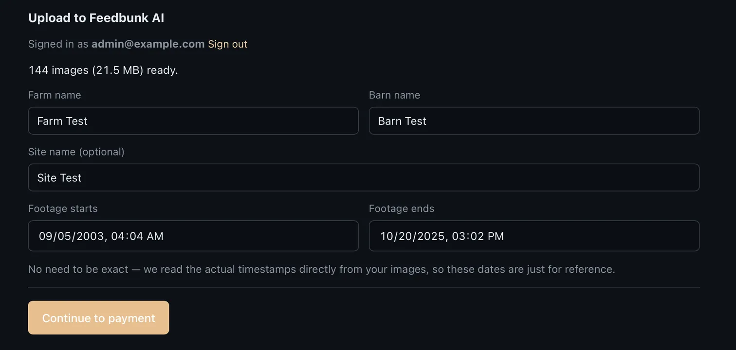 Desktop app batch details with farm, barn, and site names filled in and the footage date range shown