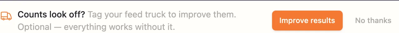 El aviso al pie de la tarjeta Vehicle Activity Events: Counts look off? Tag your feed truck to improve them